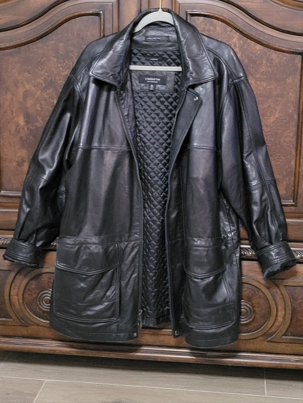 Classic Black Leather Men's Coat - Quilted Lining Size XL